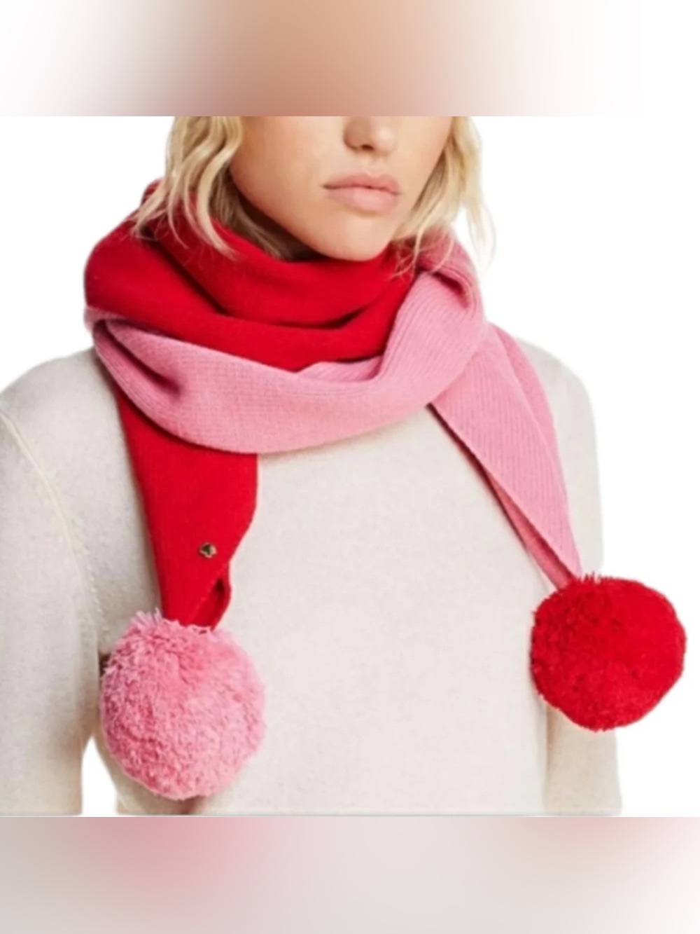 Kate Spade NY Muffler Pom Pom Long Scarf Pink / Red